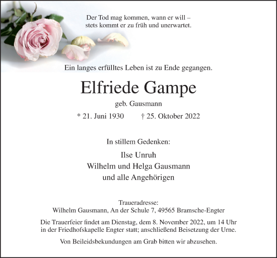 Traueranzeige von Elfriede Gampe von Neue Osnabrücker Zeitung GmbH & Co. KG