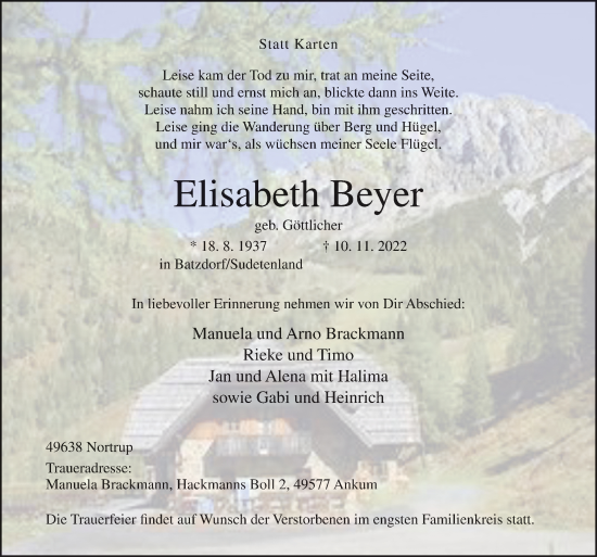 Traueranzeige von Elisabeth Beyer von Neue Osnabrücker Zeitung GmbH & Co. KG