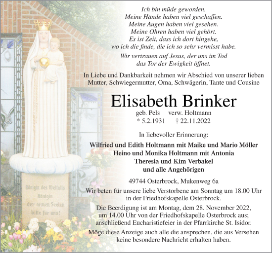 Traueranzeige von Elisabeth Brinker von Neue Osnabrücker Zeitung GmbH & Co. KG