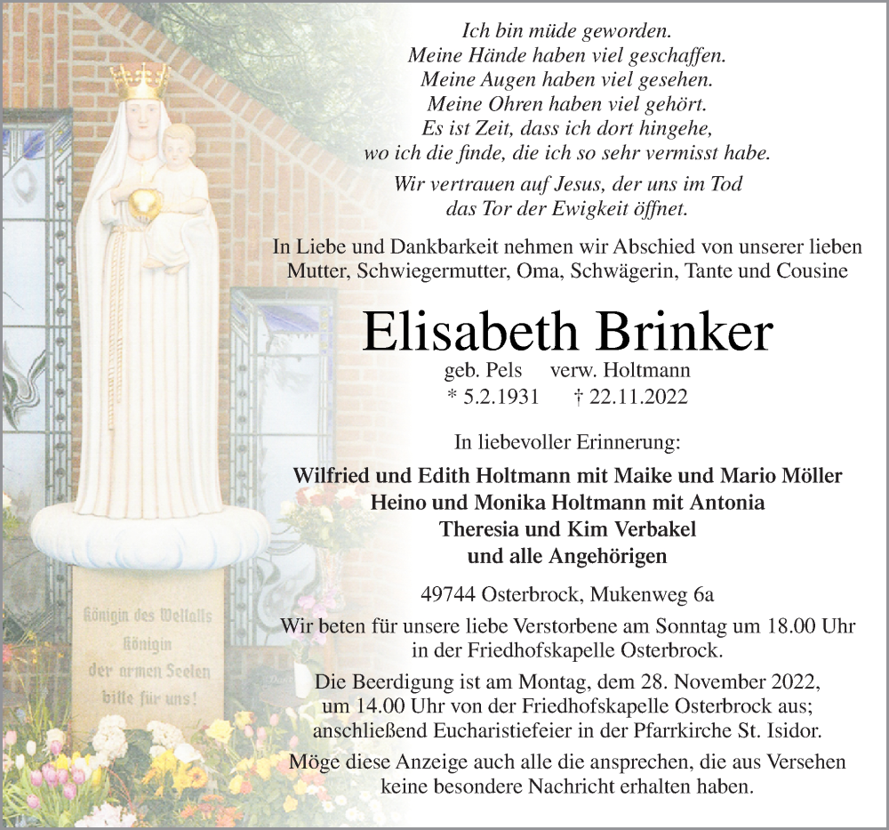  Traueranzeige für Elisabeth Brinker vom 24.11.2022 aus Neue Osnabrücker Zeitung GmbH & Co. KG