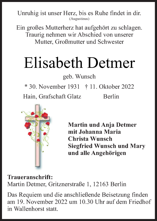 Traueranzeige von Elisabeth Detmer von Neue Osnabrücker Zeitung GmbH & Co. KG