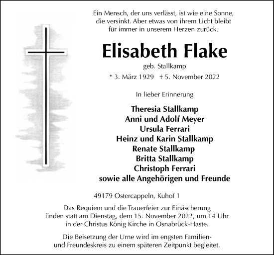 Traueranzeige von Elisabeth Flake von Neue Osnabrücker Zeitung GmbH & Co. KG