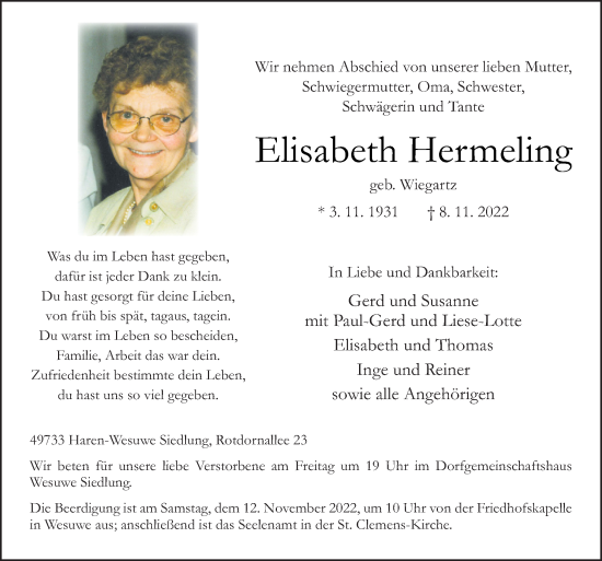 Traueranzeige von Elisabeth Hermeling von Neue Osnabrücker Zeitung GmbH & Co. KG