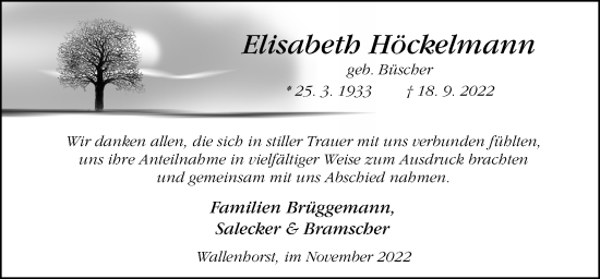 Traueranzeige von Elisabeth Höckelmann von Neue Osnabrücker Zeitung GmbH & Co. KG