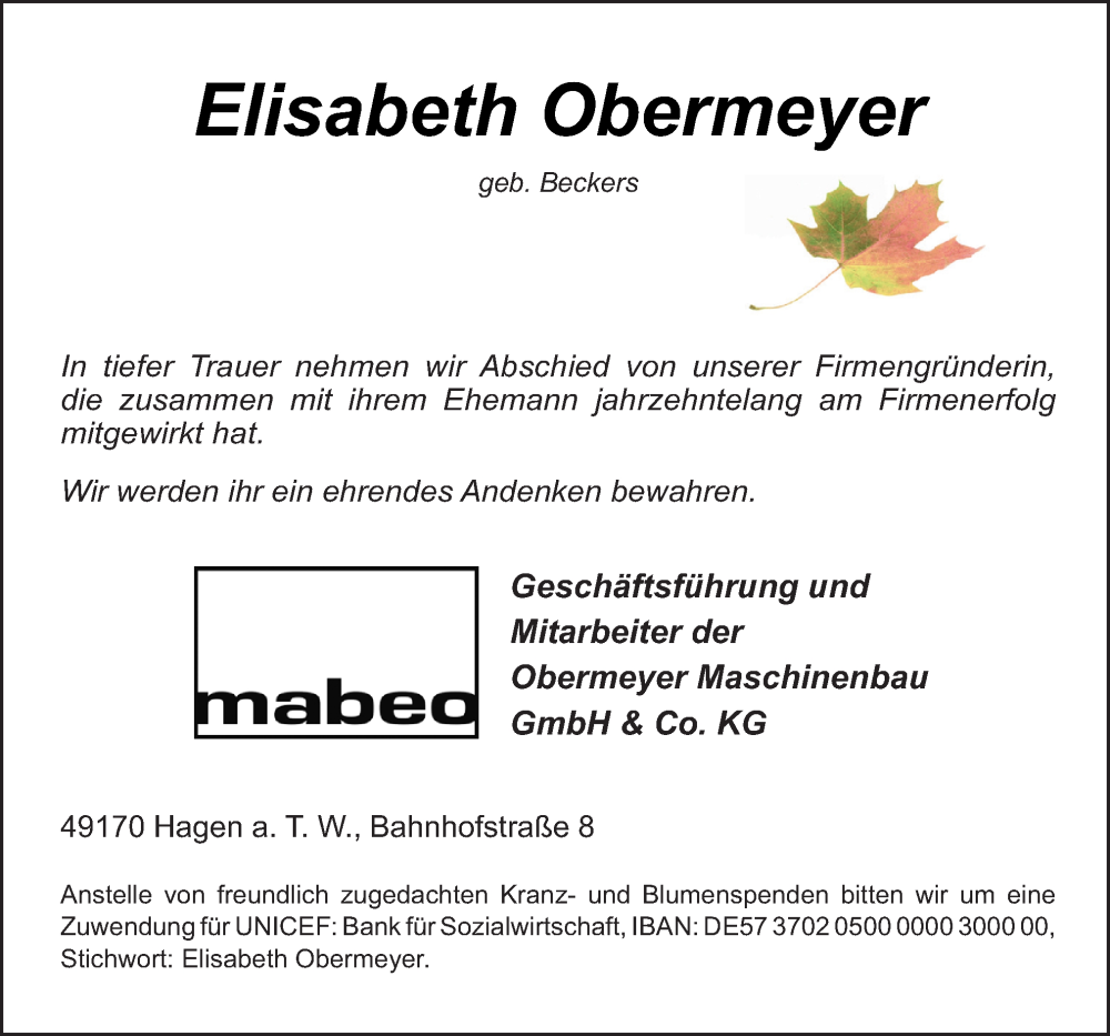  Traueranzeige für Elisabeth Obermeyer vom 24.11.2022 aus Neue Osnabrücker Zeitung GmbH & Co. KG