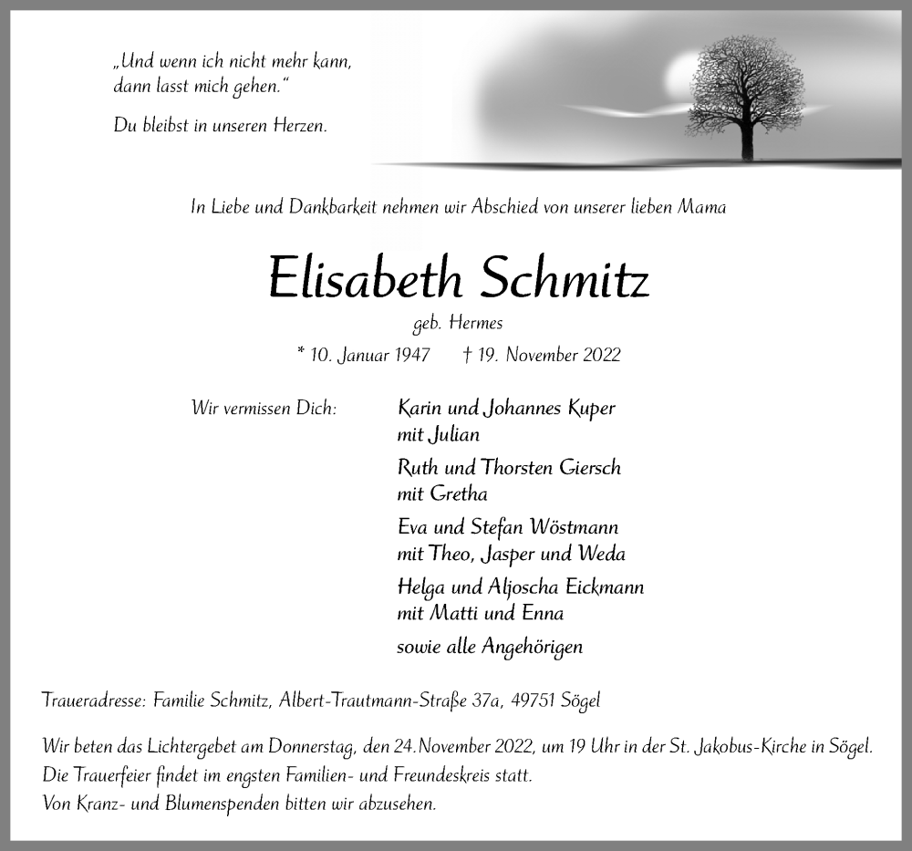  Traueranzeige für Elisabeth Schmitz vom 22.11.2022 aus Neue Osnabrücker Zeitung GmbH & Co. KG