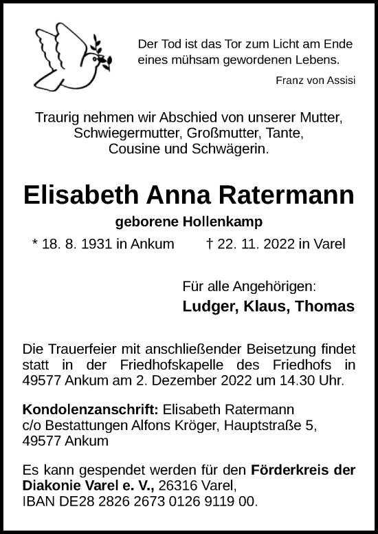 Traueranzeige von Elisabeth Anna Ratermann von Neue Osnabrücker Zeitung GmbH & Co. KG