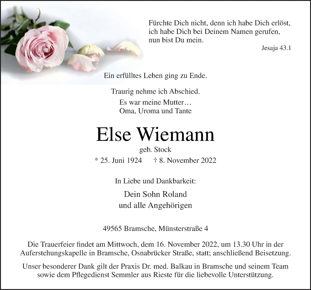  Traueranzeige für Else Wiemann vom 12.11.2022 aus Neue Osnabrücker Zeitung GmbH & Co. KG