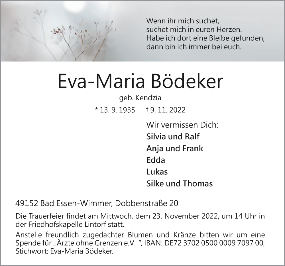  Traueranzeige für Eva-Maria Bödeker vom 17.11.2022 aus Neue Osnabrücker Zeitung GmbH & Co. KG