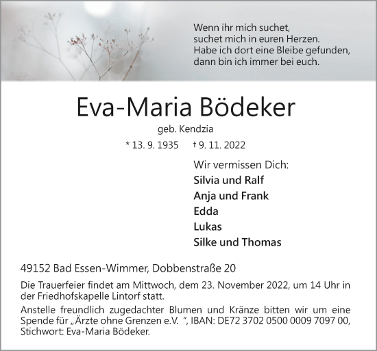 Traueranzeige von Eva-Maria Bödeker von Neue Osnabrücker Zeitung GmbH & Co. KG