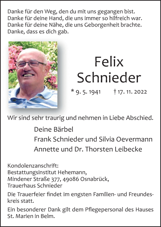 Traueranzeige von Felix Schnieder von Neue Osnabrücker Zeitung GmbH & Co. KG