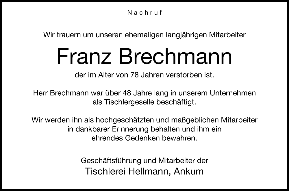  Traueranzeige für Franz Brechmann vom 07.11.2022 aus Neue Osnabrücker Zeitung GmbH & Co. KG