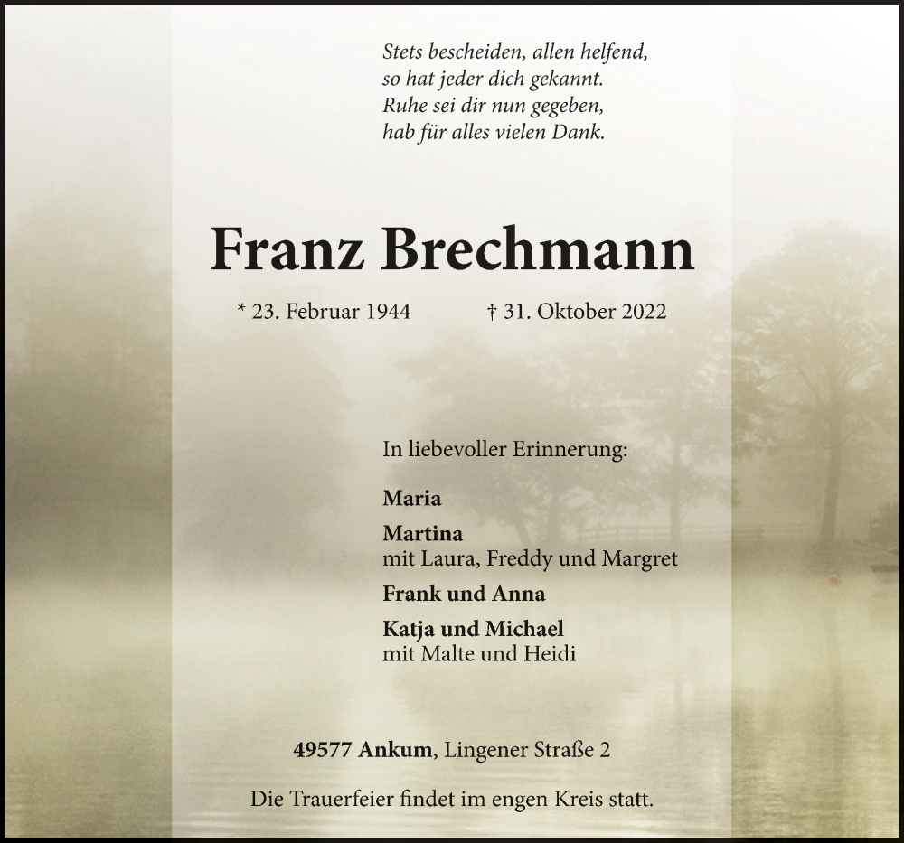  Traueranzeige für Franz Brechmann vom 05.11.2022 aus Neue Osnabrücker Zeitung GmbH & Co. KG