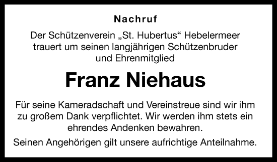 Traueranzeige von Franz Niehaus von Neue Osnabrücker Zeitung GmbH & Co. KG