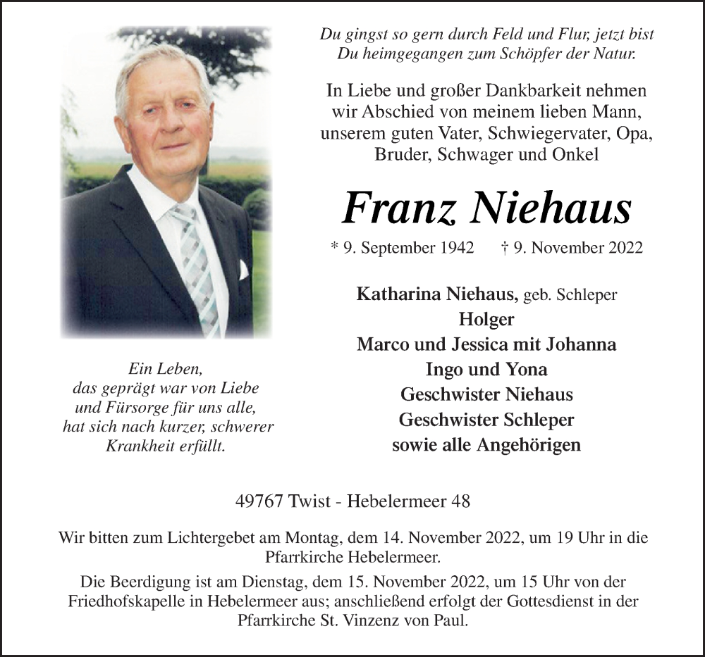  Traueranzeige für Franz Niehaus vom 12.11.2022 aus Neue Osnabrücker Zeitung GmbH & Co. KG