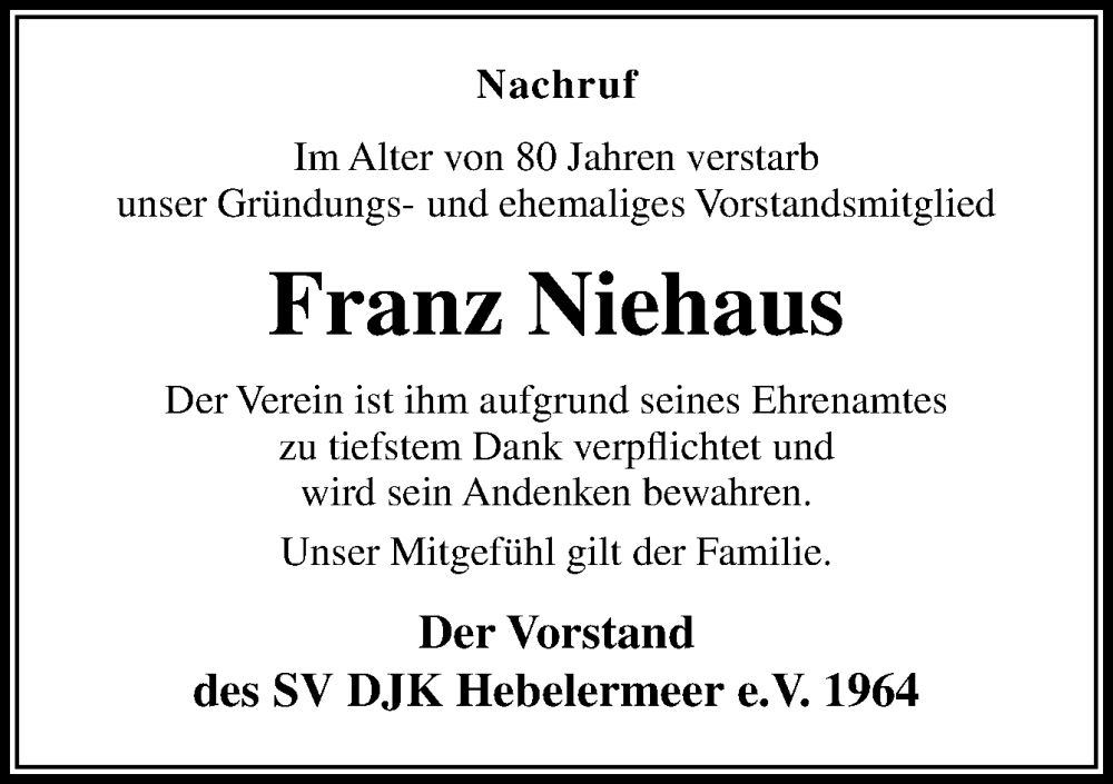  Traueranzeige für Franz Niehaus vom 15.11.2022 aus Neue Osnabrücker Zeitung GmbH & Co. KG