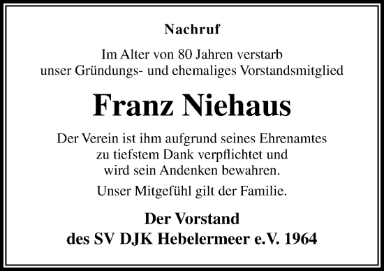 Traueranzeige von Franz Niehaus von Neue Osnabrücker Zeitung GmbH & Co. KG