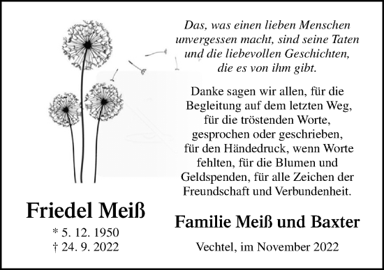 Traueranzeige von Friedel Meiß von Neue Osnabrücker Zeitung GmbH & Co. KG