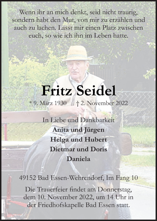 Traueranzeige von Fritz Seidel von Neue Osnabrücker Zeitung GmbH & Co. KG