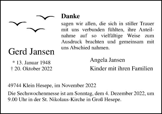 Traueranzeige von Gerd Jansen von Neue Osnabrücker Zeitung GmbH & Co. KG