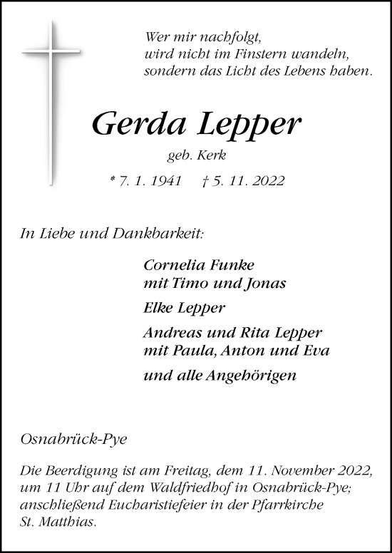 Traueranzeige von Gerda Lepper von Neue Osnabrücker Zeitung GmbH & Co. KG