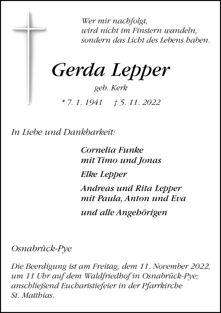  Traueranzeige für Gerda Lepper vom 08.11.2022 aus Neue Osnabrücker Zeitung GmbH & Co. KG