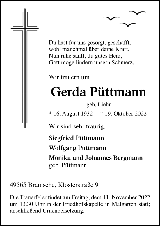 Traueranzeige von Gerda Püttmann von Neue Osnabrücker Zeitung GmbH & Co. KG