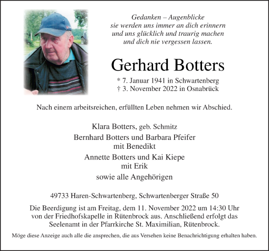Traueranzeige von Gerhard Botters von Neue Osnabrücker Zeitung GmbH & Co. KG