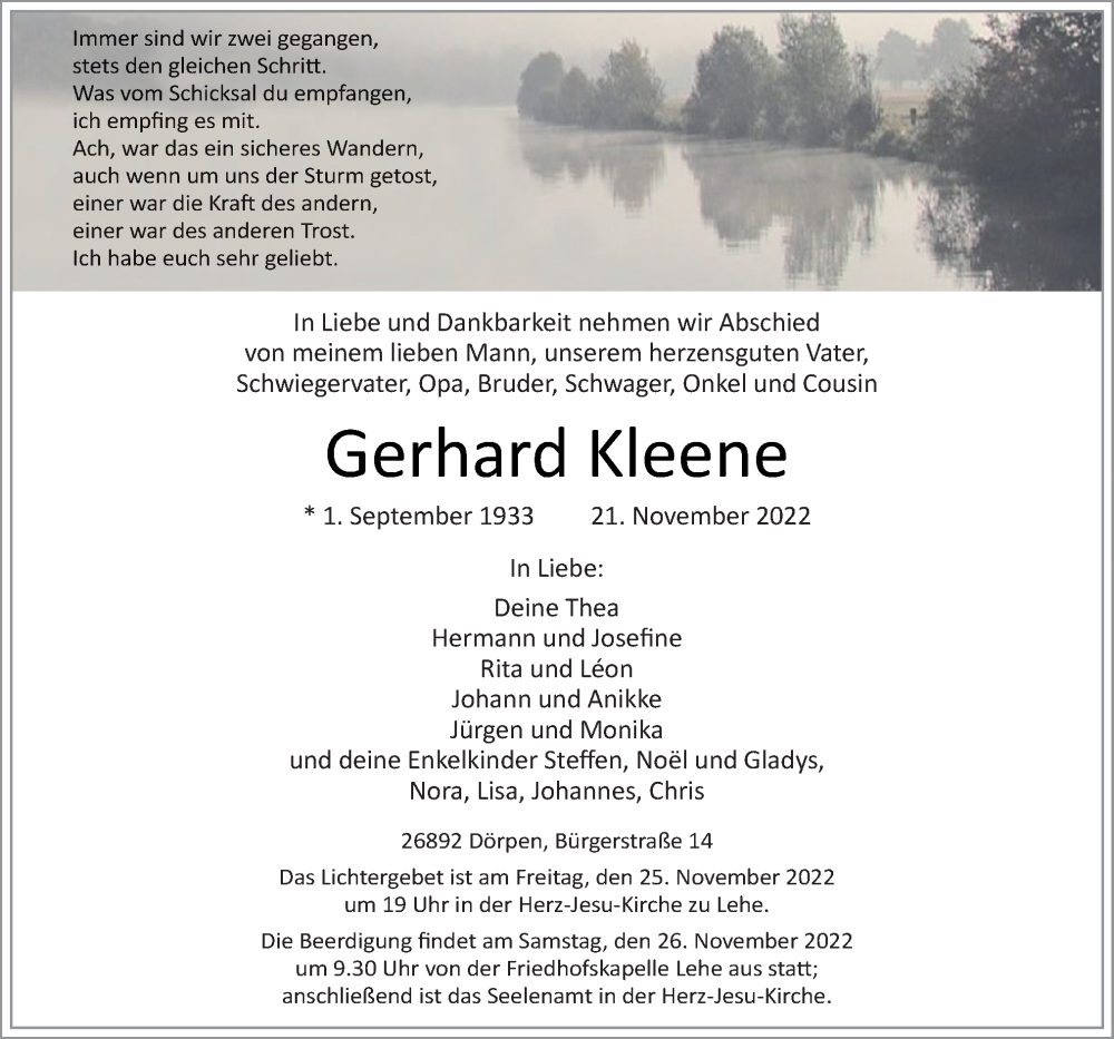  Traueranzeige für Gerhard Kleene vom 23.11.2022 aus Neue Osnabrücker Zeitung GmbH & Co. KG