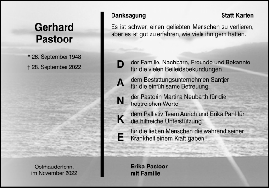 Traueranzeige von Gerhard Pastoor von Neue Osnabrücker Zeitung GmbH & Co. KG