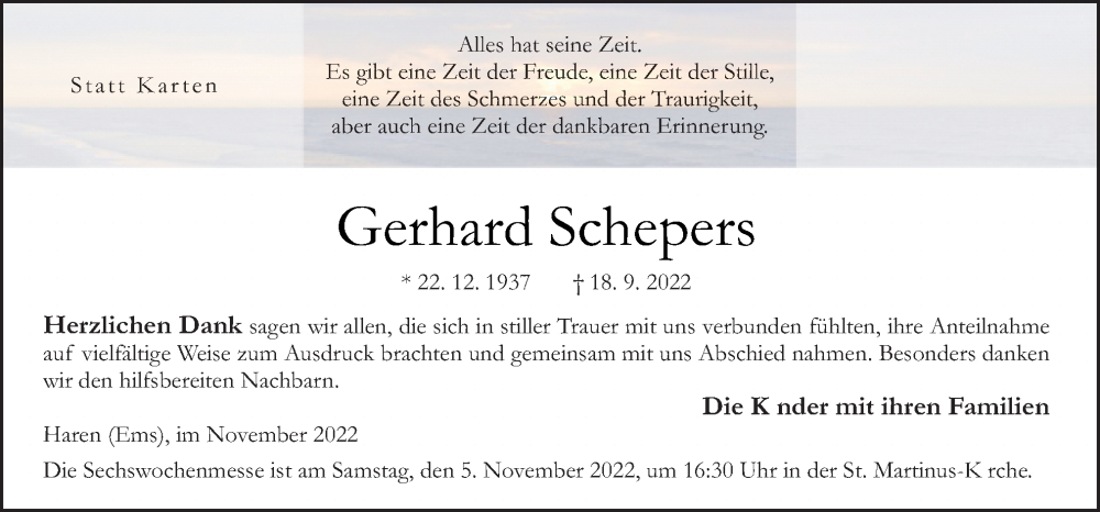  Traueranzeige für Gerhard Schepers vom 02.11.2022 aus Neue Osnabrücker Zeitung GmbH & Co. KG