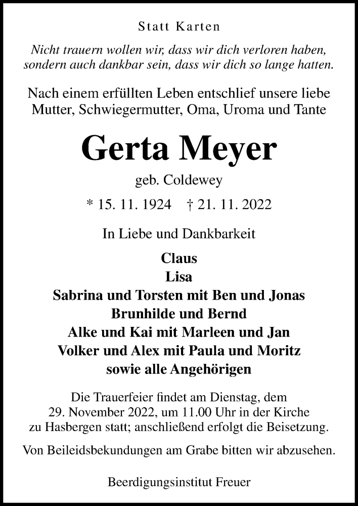  Traueranzeige für Gerta Meyer vom 22.11.2022 aus DK Medien GmbH & Co. KG