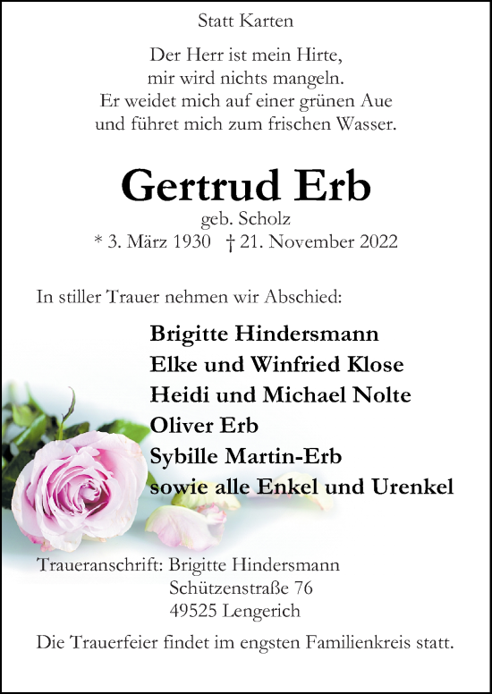 Traueranzeige von Gertrud Erb von Neue Osnabrücker Zeitung GmbH & Co. KG