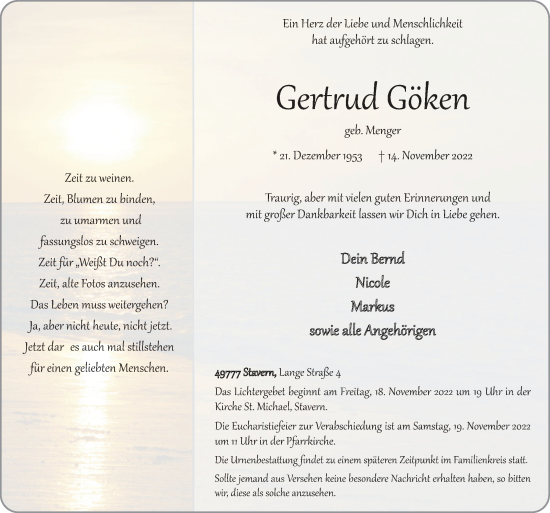 Traueranzeige von Gertrud Göken von Neue Osnabrücker Zeitung GmbH & Co. KG