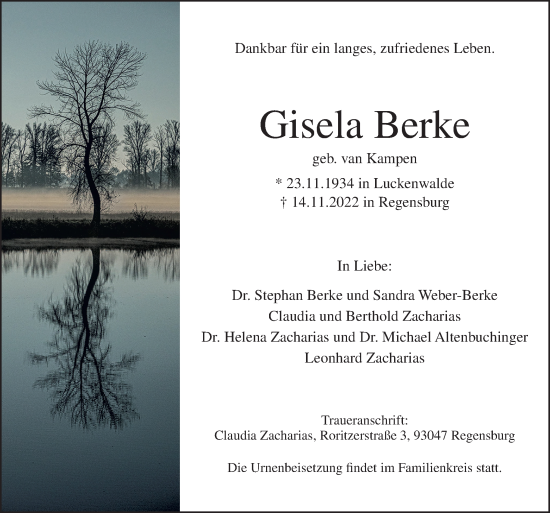 Traueranzeige von Gisela Berke von Neue Osnabrücker Zeitung GmbH & Co. KG