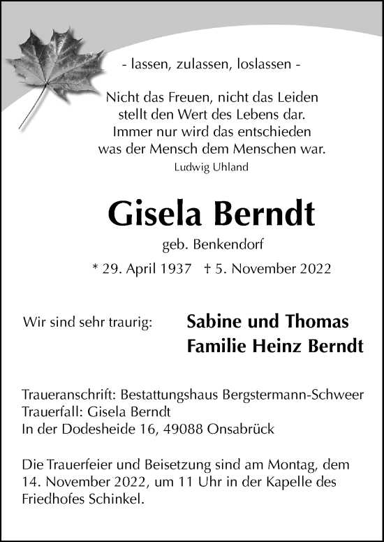 Traueranzeige von Gisela Berndt von Neue Osnabrücker Zeitung GmbH & Co. KG