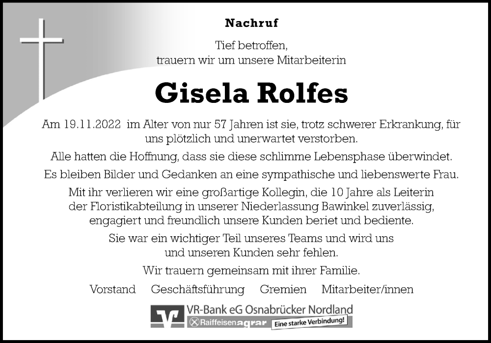  Traueranzeige für Gisela Rolfes vom 23.11.2022 aus Neue Osnabrücker Zeitung GmbH & Co. KG