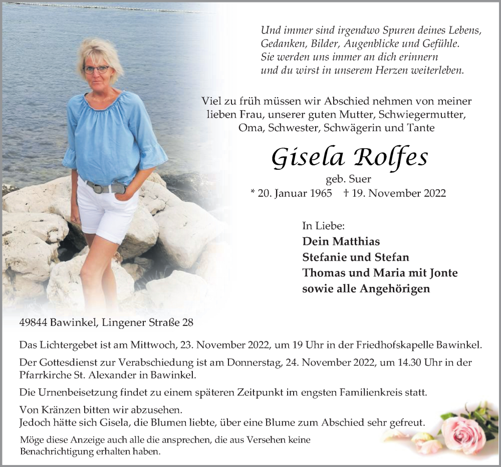  Traueranzeige für Gisela Rolfes vom 22.11.2022 aus Neue Osnabrücker Zeitung GmbH & Co. KG