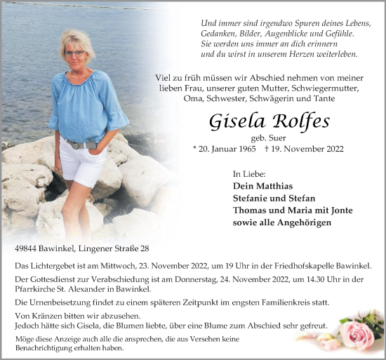 Traueranzeige von Gisela Rolfes von Neue Osnabrücker Zeitung GmbH & Co. KG