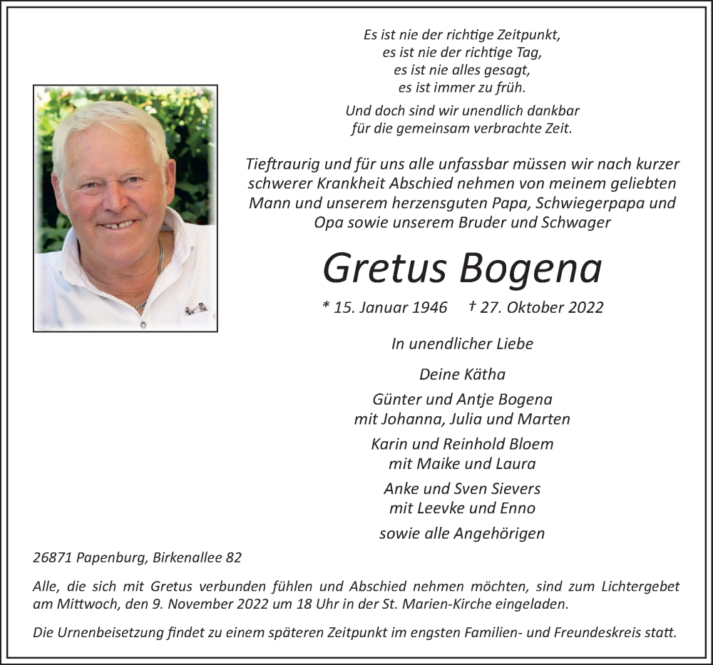  Traueranzeige für Gretus Bogena vom 02.11.2022 aus Neue Osnabrücker Zeitung GmbH & Co. KG