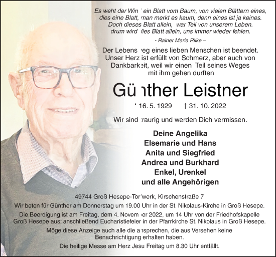 Traueranzeige von Günther Leistner von Neue Osnabrücker Zeitung GmbH & Co. KG