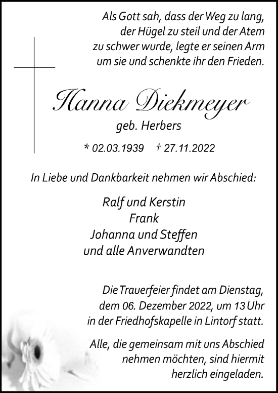 Traueranzeige von Hanna Diekmeyer von Neue Osnabrücker Zeitung GmbH & Co. KG