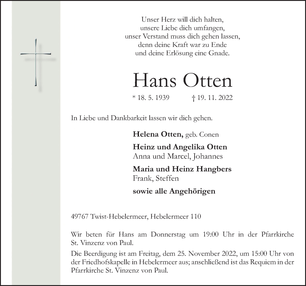  Traueranzeige für Hans Otten vom 21.11.2022 aus Neue Osnabrücker Zeitung GmbH & Co. KG