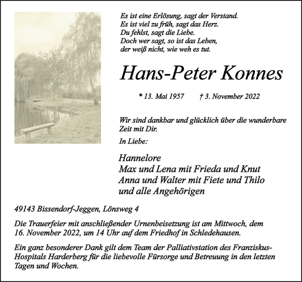  Traueranzeige für Hans-Peter Konnes vom 12.11.2022 aus Neue Osnabrücker Zeitung GmbH & Co. KG