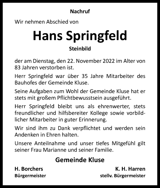 Traueranzeige von Hans Springfeld von Neue Osnabrücker Zeitung GmbH & Co. KG