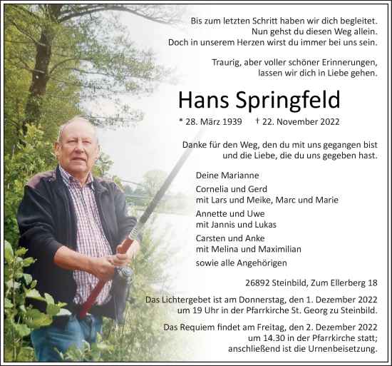 Traueranzeige von Hans Springfeld von Neue Osnabrücker Zeitung GmbH & Co. KG