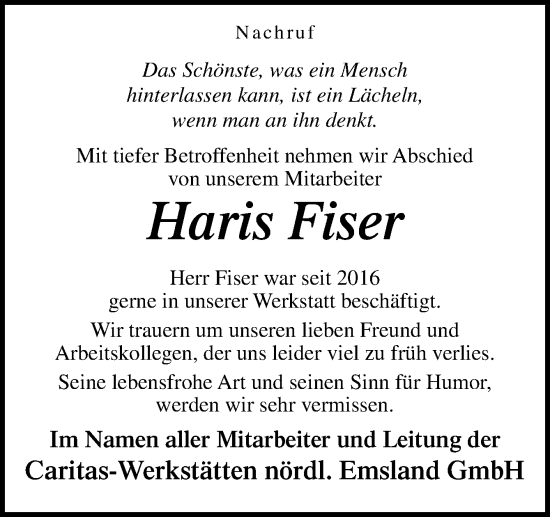 Traueranzeige von Haris Fiser von Neue Osnabrücker Zeitung GmbH & Co. KG