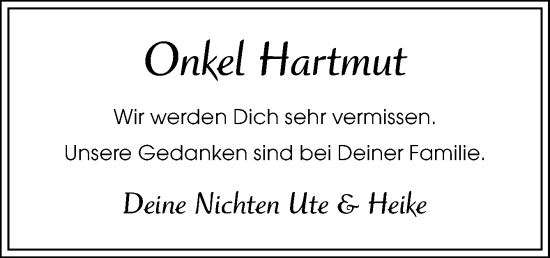 Traueranzeige von Hartmut  von Neue Osnabrücker Zeitung GmbH & Co. KG