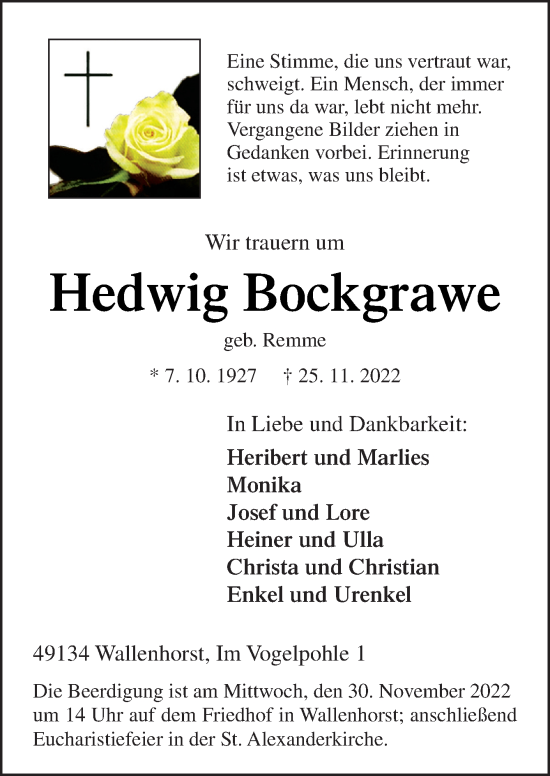 Traueranzeige von Hedwig Bockgrawe von Neue Osnabrücker Zeitung GmbH & Co. KG