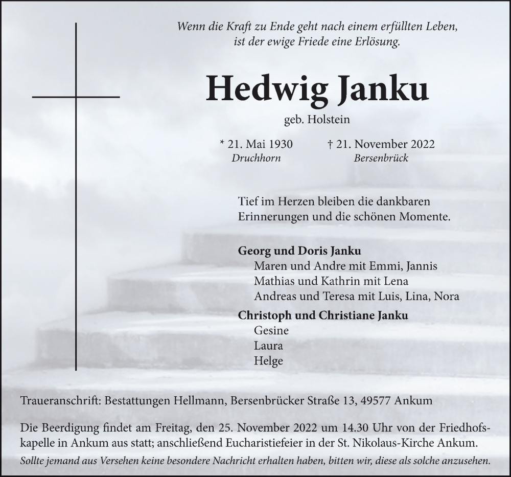  Traueranzeige für Hedwig Janku vom 23.11.2022 aus Neue Osnabrücker Zeitung GmbH & Co. KG